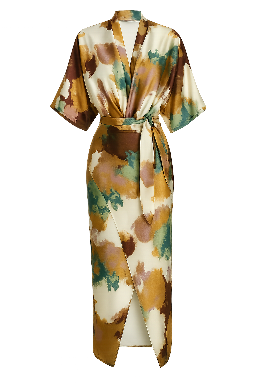 Vestido Ravena – Midi Transpassado com Estampa Artística e Cintura Marcada