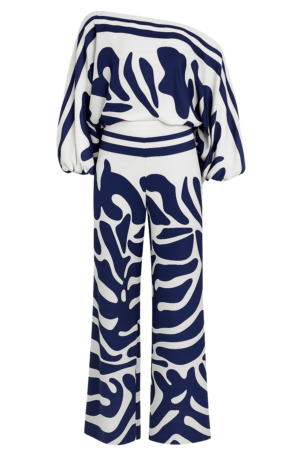 Conjunto Viena – Pantalona com Estampa Abstrata Azul & Branco e Ombro Único