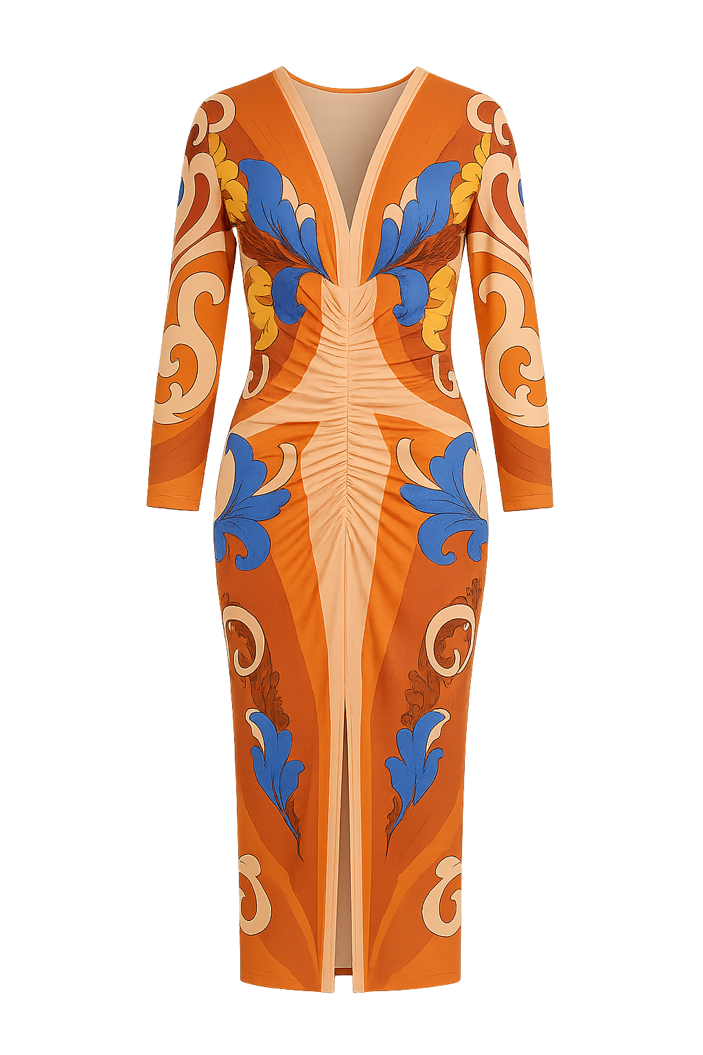 Vestido Elisa – Midi Estampado Artístico em Tons Vibrantes