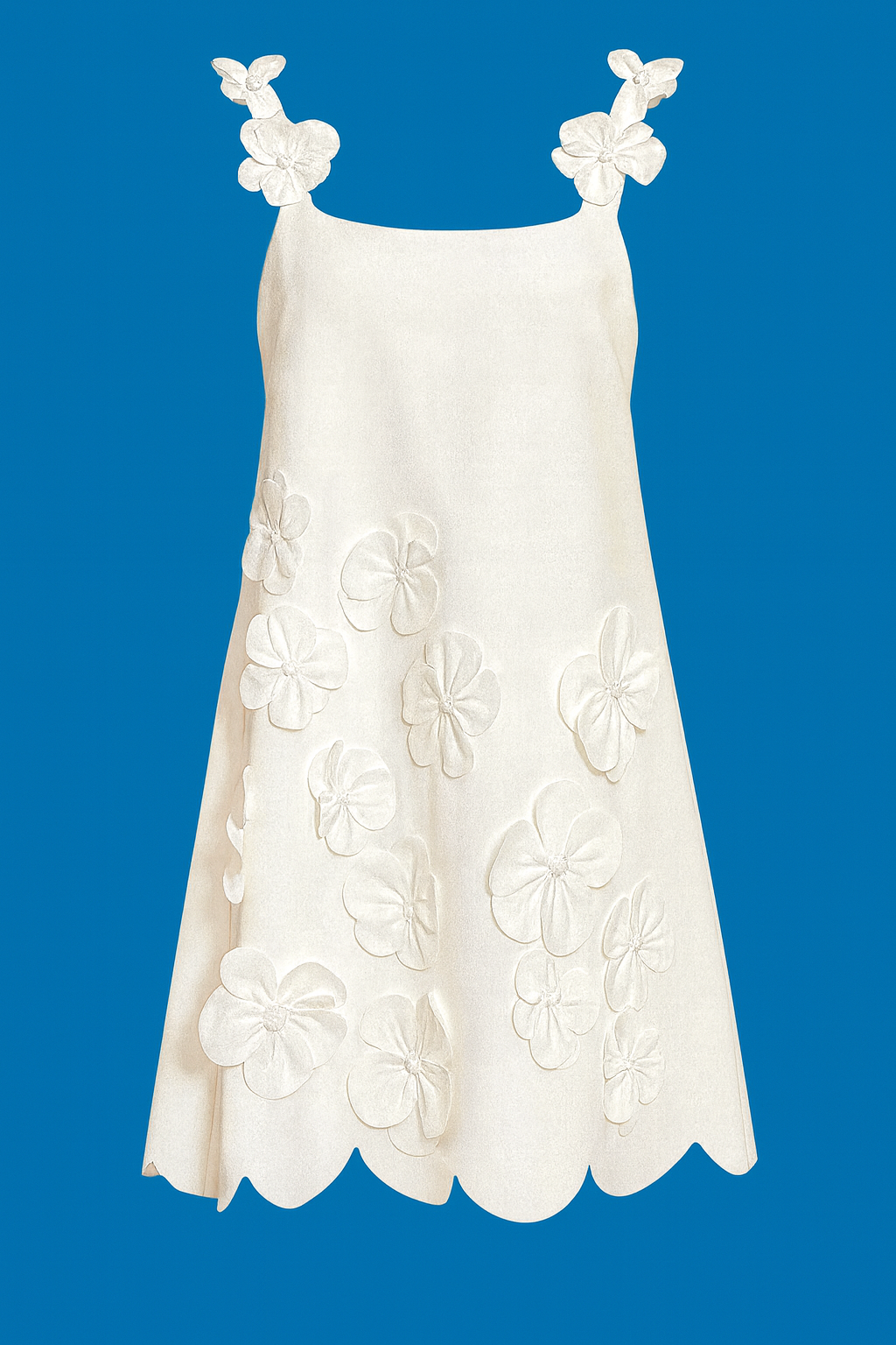 Vestido Brisa Floral em Branco com Aplicações 3D e Barra Ondulada