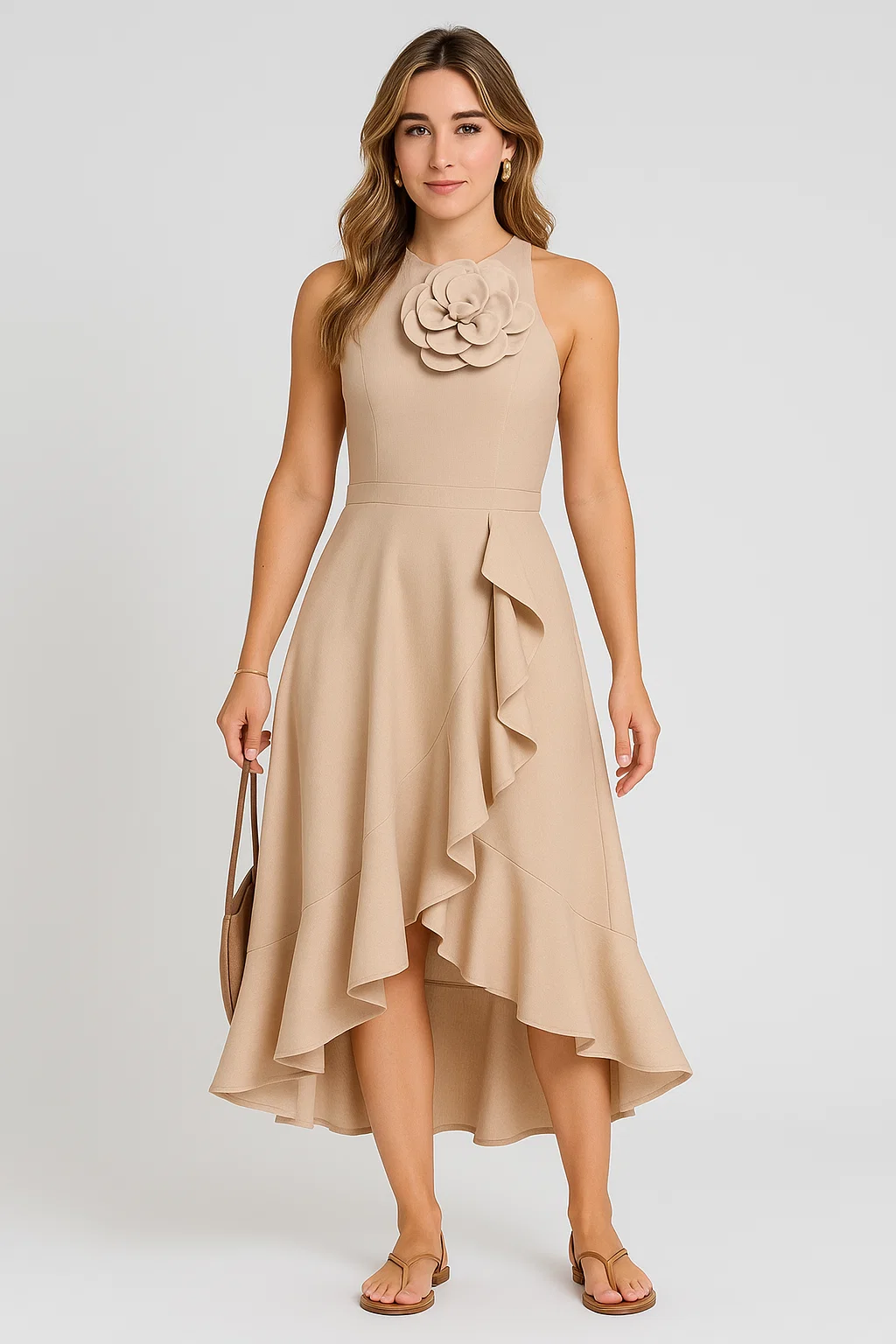 Vestido Midi "Lis" em Tom Nude com Detalhe de Flor 3D e Babado Suave