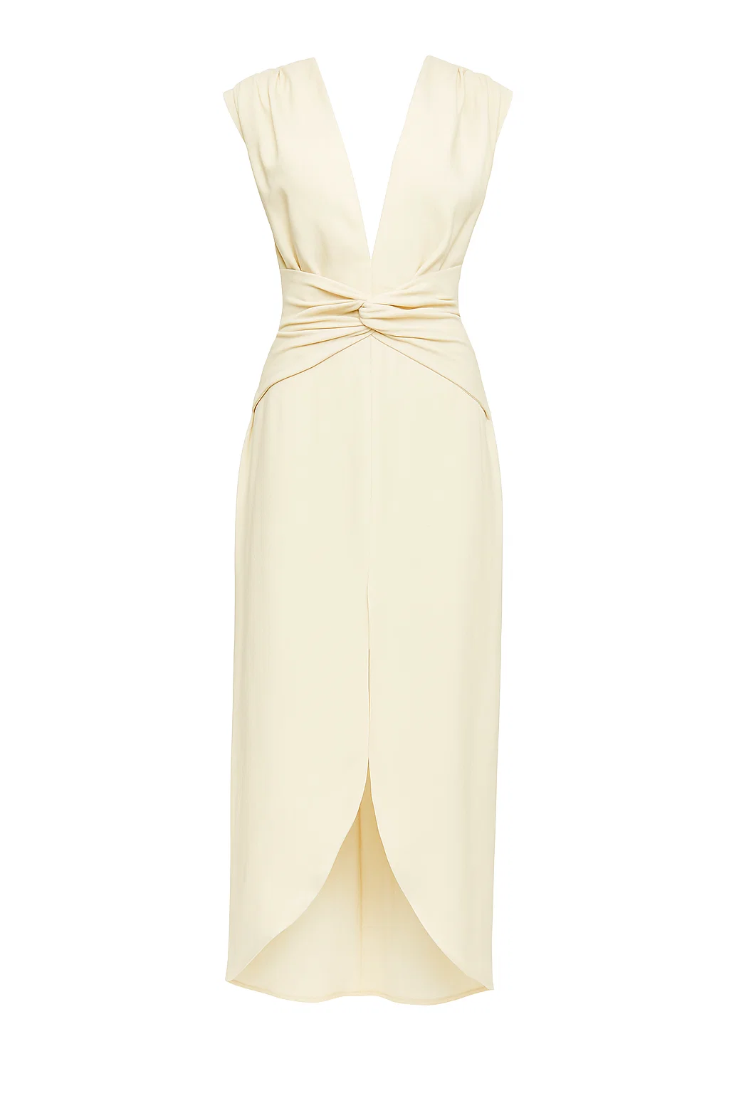 Vestido Midi Drapeado com Decote Profundo e Fenda Tulipa