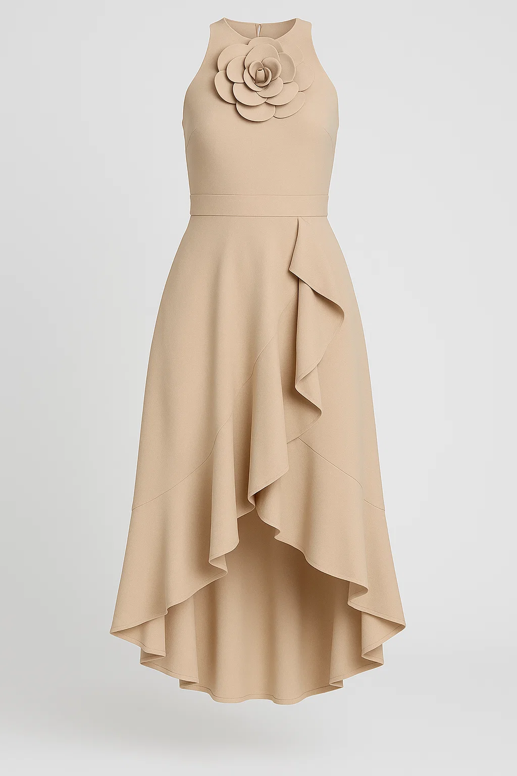 Vestido Midi "Lis" em Tom Nude com Detalhe de Flor 3D e Babado Suave