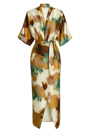 Vestido Ravena – Midi Transpassado com Estampa Artística e Cintura Marcada