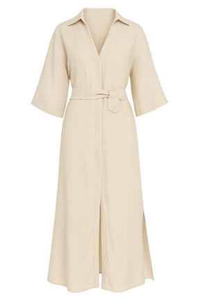 Vestido Siena – Chemise Midi em Linho com Cinto Forrado e Fenda Elegante