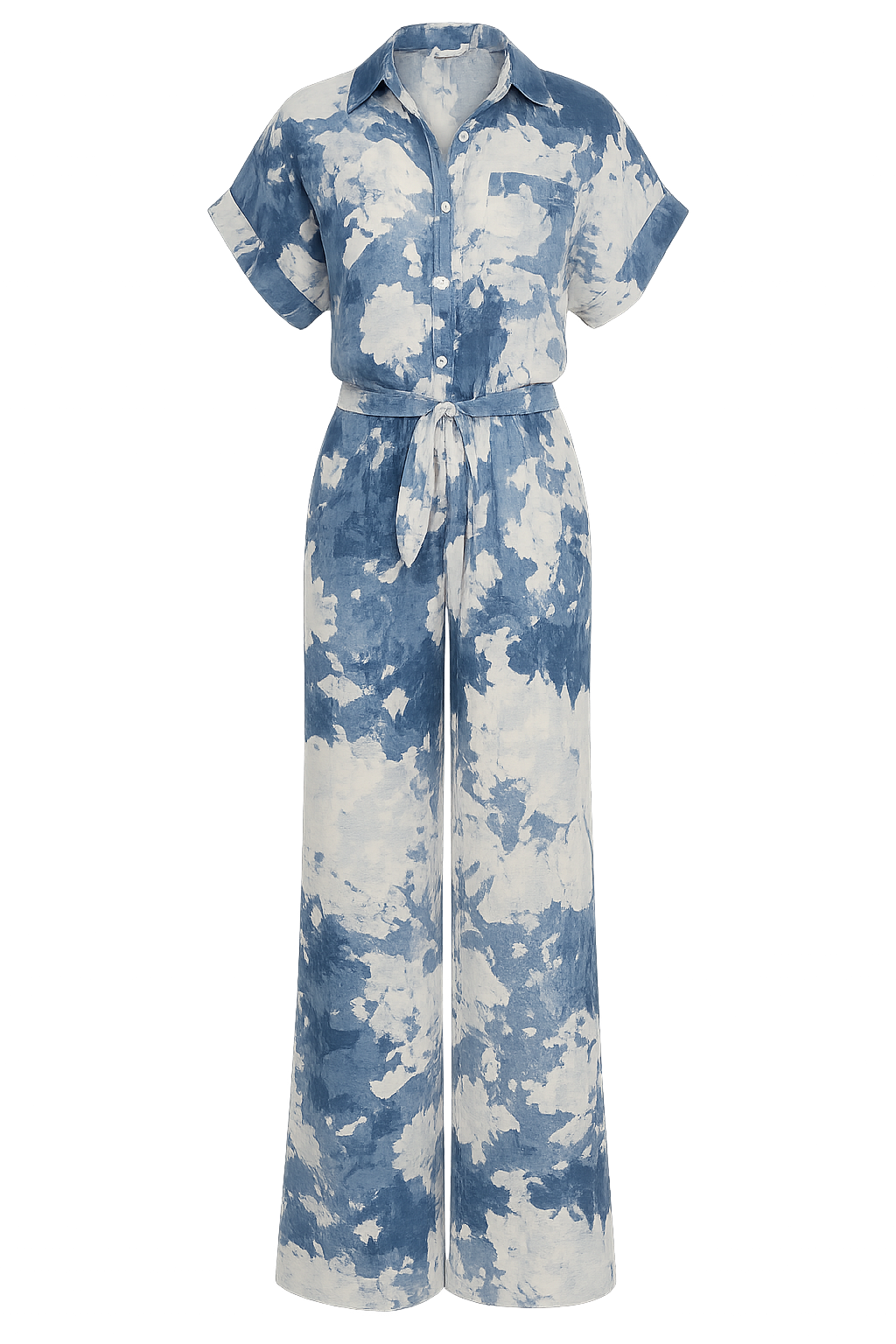 Conjunto Capri – Chemise Cropped e Pantalona em Estampa Azul Tie Dye