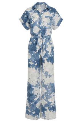 Conjunto Capri – Chemise Cropped e Pantalona em Estampa Azul Tie Dye