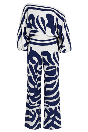 Conjunto Viena – Pantalona com Estampa Abstrata Azul & Branco e Ombro Único