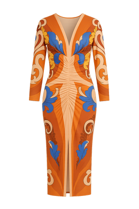 Vestido Elisa – Midi Estampado Artístico em Tons Vibrantes