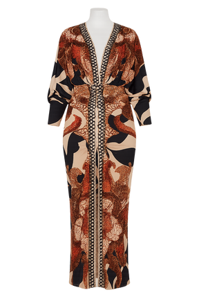 Vestido Helena – Midi Estampado Étnico em Tons Terrosos