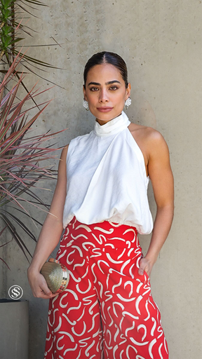 Conjunto Essenza com Blusa de Gola Alta e Calça Estampada em Vermelho e Off-White