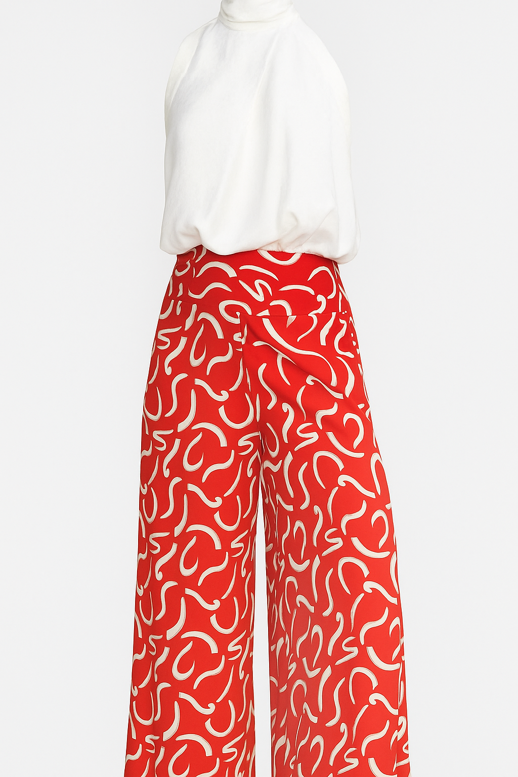 Conjunto Essenza com Blusa de Gola Alta e Calça Estampada em Vermelho e Off-White