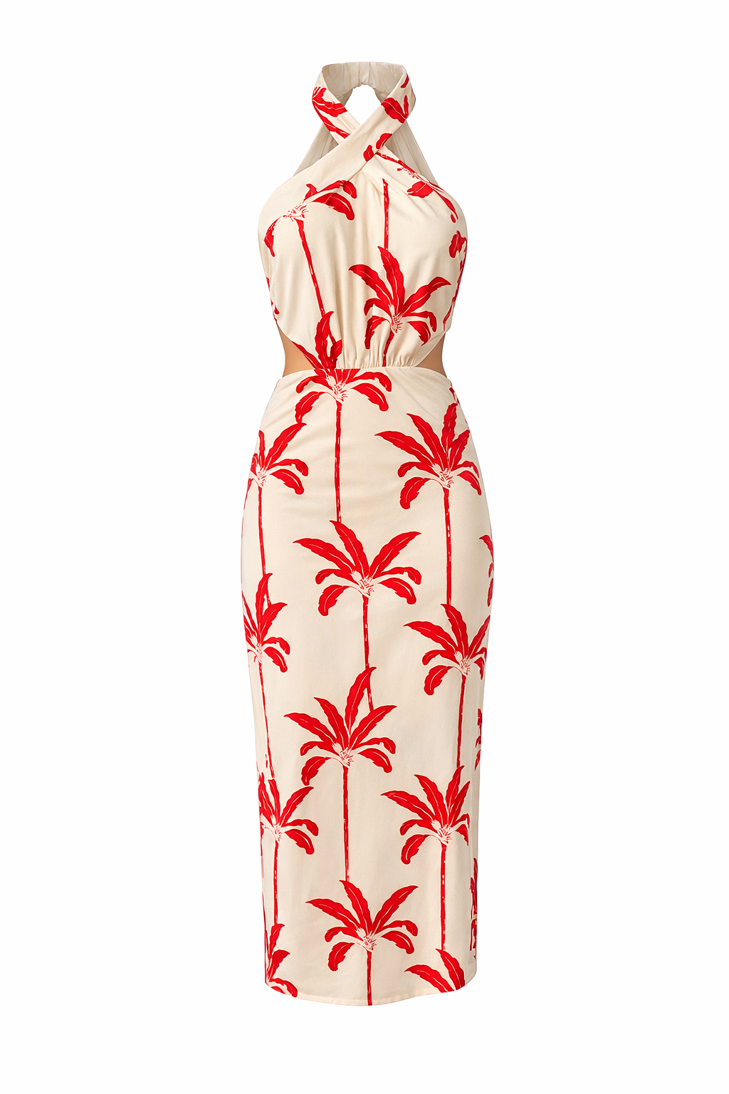 Vestido Palmira – Longo Costa Nua com Estampa Tropical Vermelha