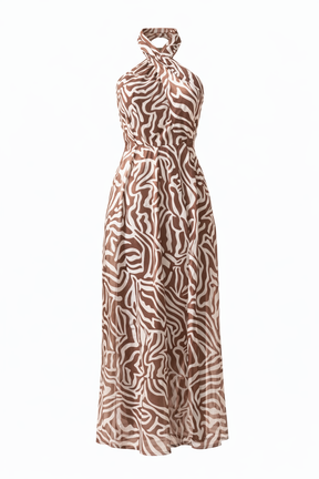 Macacão Savana – Longo Halter Estampa Animal em Tule Marrom & Off-White