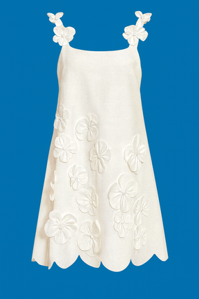 Vestido Brisa Floral em Branco com Aplicações 3D e Barra Ondulada