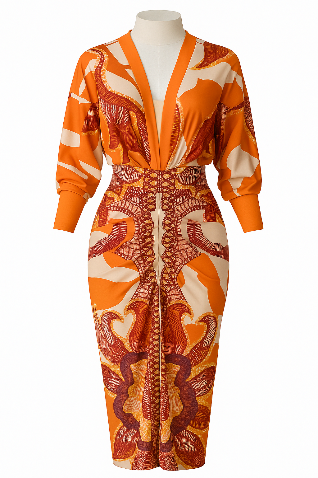 Vestido Lorena – Midi Estampado Tropical em Tons Quentes