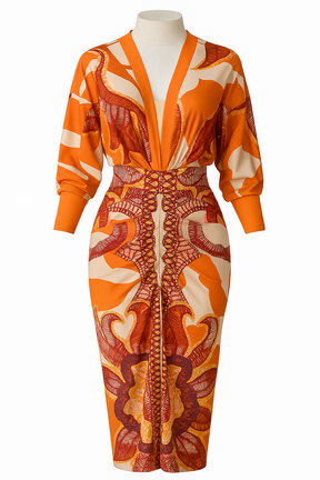 Vestido Lorena – Midi Estampado Tropical em Tons Quentes