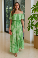 Vestido Luna – Longo Ombro a Ombro em Tie-Dye Verde Radiante