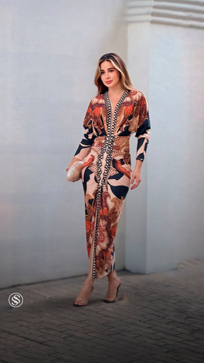 Vestido Helena – Midi Estampado Étnico em Tons Terrosos