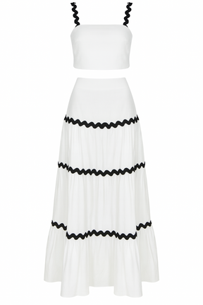 Conjunto “Luna” em Branco com Detalhes em Viés Preto e Saia Longa em Camadas